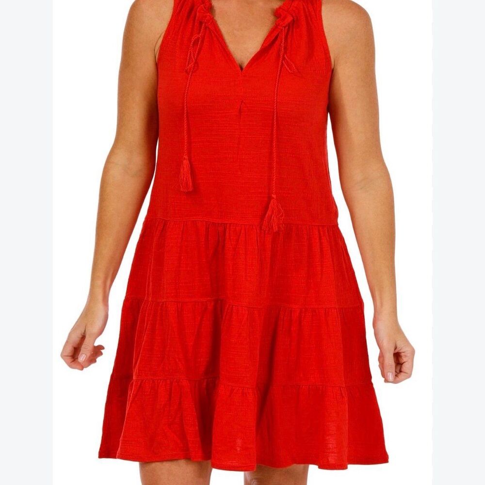 NWT XS Max Studio Red Tassel V Neck Sleeveless Flounce Shift Dress